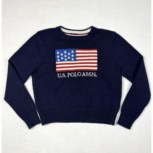 US Polo ASSN American Flag Crewneck Sweater Youth S 6/7 Navy Blue Patriotic USA